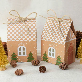 10шт Рождественских пакетов для конфет в форме Дома, Рождественская подарочная коробка, Пакеты для печенья, Упаковочные коробки, Подвеска на Рождественскую елку, Украшения для вечеринок