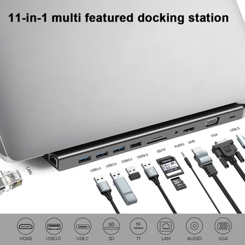 11 В 1 USB C концентратор для Macbook Pro USB-C Type C КОНЦЕНТРАТОР на 4KHD VGA RJ45 SD/TF с несколькими портами USB 3.0 Type-c концентратор с адаптером питания PD