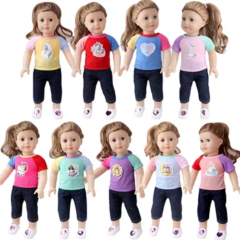 2 шт./компл. = Рубашки + Брюки, Одежда для Куклы, Хлопковые Наклейки с Единорогом с короткими рукавами, подходят для 16-18 Дюймов и 43 см, Кукла Реборн, игрушки для девочек