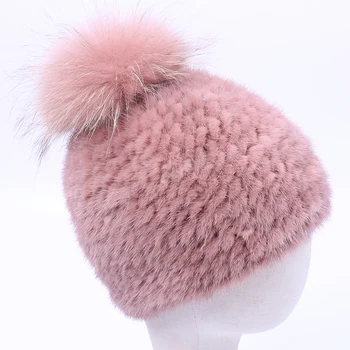 2020 Новая шапка из натурального меха норки, женские зимние вязаные меховые шапочки, шапка с помпонами из меха енота, фирменная новинка, толстая женская шапка, эластичная теплая