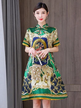 2023 Новое Летнее Атласное Шелковое Мини-Вечернее Платье Женское Корейское Модное Зеленое Цветочное Повседневное Чонсам Элегантные Платья Boho Festa Luxo