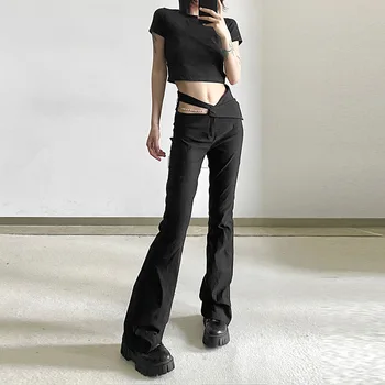 2023 Новый Однотонный приталенный Модный дизайн с высокой талией, Выдалбливают Женские Расклешенные брюки