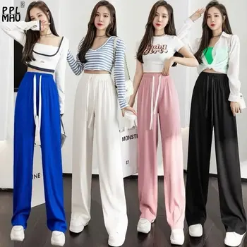 2023 Тонкие эластичные брюки ярких цветов Mujer, корейские модные спортивные брюки без карманов, женские широкие брюки с высокой талией и завязками 0