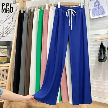 2023 Тонкие эластичные брюки ярких цветов Mujer, корейские модные спортивные брюки без карманов, женские широкие брюки с высокой талией и завязками 3