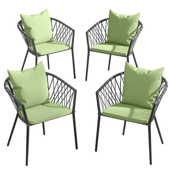 4 Предмета Плетеных обеденных стульев из ротанга, набор мебели для патио с подушкой и изогнутой спинкой, всепогодный стул для бистро
