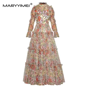 MARYYIMEI/ Модное дизайнерское Летнее платье, Женское платье с воротником-стойкой, с длинным рукавом, Сетчатые платья с принтом и вышивкой