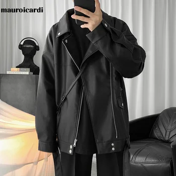 Mauroicardi Весенняя Черная байкерская куртка Оверсайз из натуральной кожи, Мужская Повседневная Свободная Корейская мода, Куртки из искусственной кожи для мужчин, бренд