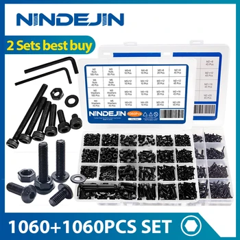 NINDEJIN 2 комплекта, набор винтов с шестигранной головкой, Набор винтов с шестигранной головкой из углеродистой стали, Набор винтов с шестигранной головкой, 1060 шт.