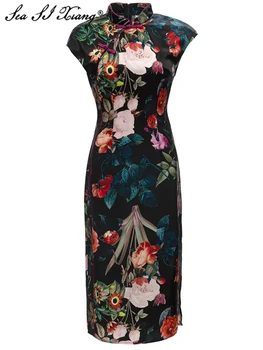 Seasixiang/ Модное дизайнерское летнее платье-карандаш, Женское платье-карандаш со стоячим воротником, без рукавов, с цветочным принтом в китайском стиле, платья на пуговицах
