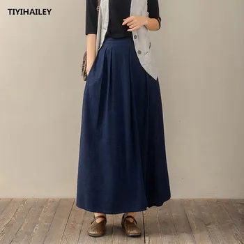 TIYIHAILEY, бесплатная доставка, 2020 г., новые винтажные длинные юбки трапециевидной формы Макси, женские юбки с эластичной резинкой на талии, осенне-весенние синие летние льняные юбки