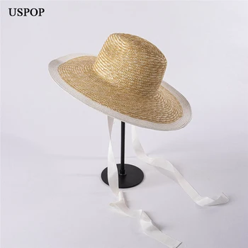 USPOP Новые соломенные шляпы, летняя пляжная шляпа с широкими полями, солнцезащитная шляпа из натуральной пшеничной соломы на шнуровке