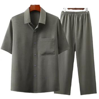 Yourqipao/ Летняя хлопковая льняная однотонная футболка среднего возраста, костюм в стиле Тан, Повседневные Топы в китайском стиле, Комплект брюк для Мужчин