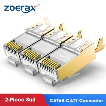 ZoeRax 10ШТ Экранированный разъем CAT6A/CAT7, не проходящий через концы RJ45 Ethernet 50u Позолоченные Модульные Штекеры 8P8C FTP/STP Кабель