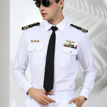 Белая темно-синяя рубашка, мужская весенняя блузка с длинным рукавом, с лентой, Военная форма США, рабочий капитан