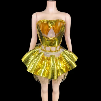 Блестящие Золотые Блестки, Стразы, Короткое Платье с Пузырьками, Сексуальное платье для сцены, Танцевальный костюм, Праздничное платье для вечеринки