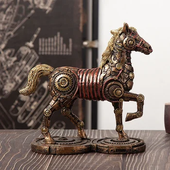Вдохновленная механическая статуя лошади, смола, животное, металлическая статуя в стиле стимпанк, Украшение стола для домашнего офиса, украшение в стиле фэн-шуй, подарок