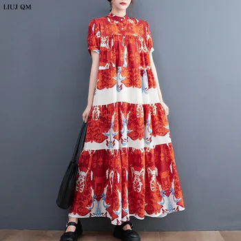 Винтажное платье с принтом больших размеров, Свободное Модное платье контрастного цвета с рисунком, Летние Повседневные женские платья-рубашки с воротником-стойкой