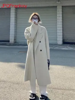 Двойное кашемировое пальто, Женское Осенне-зимнее новое Шерстяное пальто Средней длины в Корейском стиле Хепберн, Высококачественная Женская зимняя куртка 1