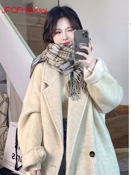Двойное кашемировое пальто, Женское Осенне-зимнее новое Шерстяное пальто Средней длины в Корейском стиле Хепберн, Высококачественная Женская зимняя куртка 4