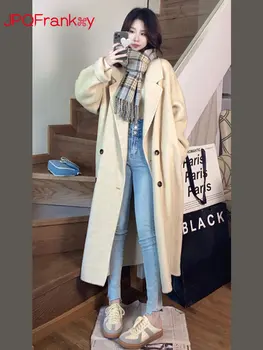Двойное кашемировое пальто, Женское Осенне-зимнее новое Шерстяное пальто Средней длины в Корейском стиле Хепберн, Высококачественная Женская зимняя куртка 5