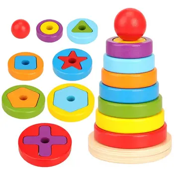 Детское Деревянное Кольцо цвета радуги, Геометрические строительные блоки, Игра-головоломка, Интерактивная игрушка