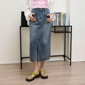 Джинсовая юбка Женская Прямая Трапециевидная с разрезом спереди, с высокой талией, Длинная хлопковая джинсовая юбка 2