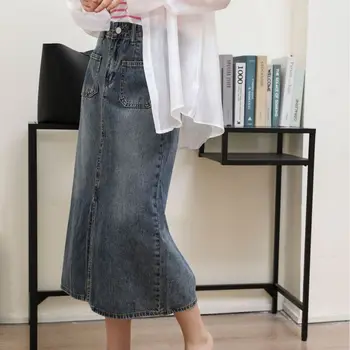 Джинсовая юбка Женская Прямая Трапециевидная с разрезом спереди, с высокой талией, Длинная хлопковая джинсовая юбка 3