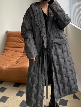 Женская зимняя вышивка, Роскошный Длинный пух, 2023, Новая коричневая пуховая куртка Оверсайз с капюшоном, черное пальто
