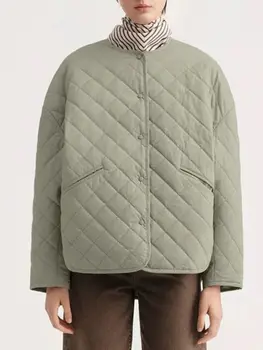 Женская куртка в клетку, Однобортная, с круглым вырезом, Длинным рукавом, Свободная, Осень-зима, 2023, Хлопковое пальто