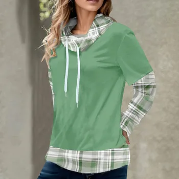 Женская толстовка с капюшоном из двух предметов, Свободная клетчатая рубашка в стиле пэчворк, Тонкий свитер с завязками, Модный женский весенне-осенний топ