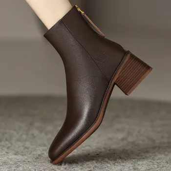 Женские осенние ботильоны из натуральной кожи на среднем каблуке толщиной 5 см с квадратным носком и молнией сзади, повседневные женские короткие ботинки высокого качества, обувь