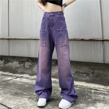 Женские фиолетовые широкие джинсы, Винтажные прямые брюки, Мешковатый Шикарный дизайн, американская уличная одежда, Повседневные джинсовые брюки-карго