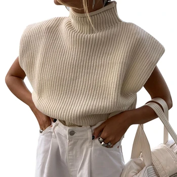 Женский топ с коротким рукавом и высоким воротником, модный однотонный топ, стильный свитер для дам, простой стиль, элегантная уличная одежда
