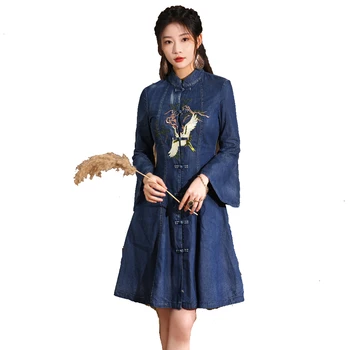 Женское модное мини-джинсовое платье с V-образным вырезом и расклешенными рукавами с вышивкой птицами, Хлопковые джинсы на пуговицах Синего цвета FS1372