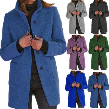 Женское пальто 2023, Осенне-Зимнее Новое Винтажное шерстяное пальто со стоячим воротником на пуговицах