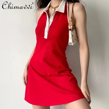 Женское платье-поло контрастного цвета с воротником-поло в стиле колледжа, с высокой талией, сексуальное платье трапециевидной формы с открытой спиной, женское красное платье без рукавов