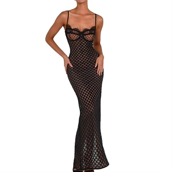 Женское Сексуальное сетчатое длинное облегающее платье в горошек, без рукавов, с высоким разрезом, Летнее коктейльное клубное платье с разрезом на спине