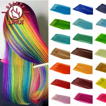 Зажим для наращивания волос LIHUI Long Straight Color Hair Piece С подсветкой, Радужная полоса волос, Розовые Синтетические пряди волос на зажимах