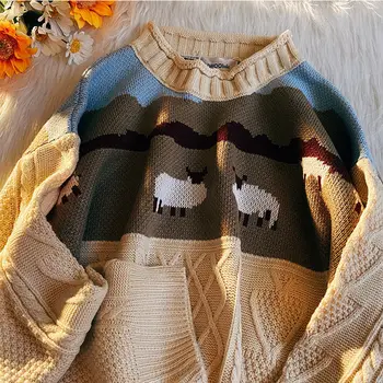 Зимний вязаный свитер в стиле Харадзюку, мужской пуловер с милым принтом, японский стиль, Свободный свитер, Пуловер, Вязаные свитера, мужская одежда
