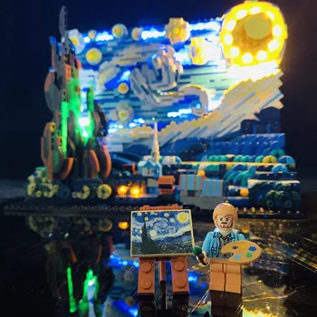 Идеи светодиодный светильник Звездная ночь Пиксельная живопись Ван Гога Мировой Шедевр Строительный блок MOC Art Painting Набор Кирпичей Модель DIY Игрушка