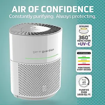 Интеллектуальный очиститель воздуха Guardian AirSafe+ с 360-градусным фильтром HEPA 13 улавливает 99,97% загрязняющих веществ, Дым от лесных пожаров, Большие помещения 1