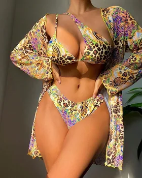 Комплект бикини с тропическим леопардовым принтом, 3 шт., Женская весенне-летняя одежда для плавания, Одежда для плавания