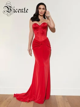 Комплект вечернего платья VC, женский сексуальный топ без бретелек и юбка в пол с закручивающимся узлом, Красный Шелковый Бархат, комплект из двух предметов 0