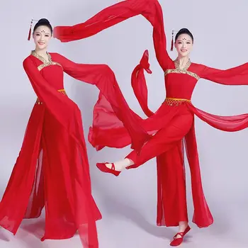Красное женское эстетическое платье для классического танца Hanfu с водяными рукавами, платье для выступлений, качающиеся рукава, Удивительный танец