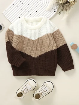 Милый вязаный свитер Оверсайз для маленьких девочек и мальчиков, длинный рукав, круглый вырез, Цветной блок, Повседневный осенний пуловер, свитера, топы с