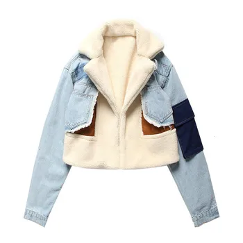 Модная плюшевая джинсовая куртка в стиле пэчворк для зимней одежды, новая короткая куртка из шерсти ягненка, хлопковая куртка для женщин