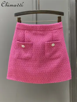 Модная розовая французская юбка для женщин 2023, осенне-зимние однотонные новые Элегантные твидовые юбки трапециевидной формы с высокой талией для похудения,