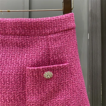 Модная розовая французская юбка для женщин 2023, осенне-зимние однотонные новые Элегантные твидовые юбки трапециевидной формы с высокой талией для похудения, 3