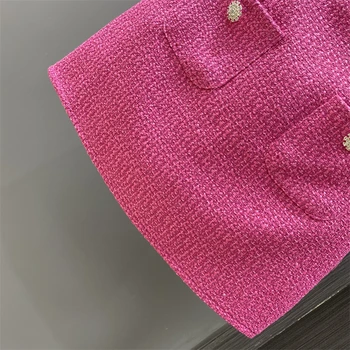 Модная розовая французская юбка для женщин 2023, осенне-зимние однотонные новые Элегантные твидовые юбки трапециевидной формы с высокой талией для похудения, 5