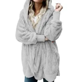 Модное зимнее теплое женское пальто с капюшоном из искусственного меха, шерстяной кардиган, верхняя одежда